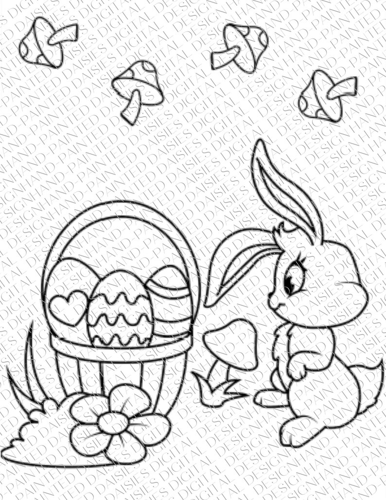 May include: A black and white line drawing of an Easter bunny holding a basket of eggs. The bunny is sitting on the ground next to a mushroom. There are other mushrooms in the background.