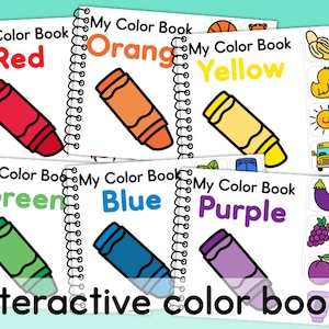 May include: Six colorful interactive color books for children. Each book features a different color, a crayon, and a title that says "My Color Book" followed by the color name. The books are arranged in a row, with the red book on the left and the purple book on the right. Each book has a spiral binding.