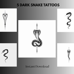 Op de afbeelding: Vijf donkere slangentatoeages in zwarte inkt worden getoond op een witte achtergrond. De ontwerpen omvatten een cobra, een opgerolde slang en andere gestileerde slangenillustraties. De tekst "5 DARK SNAKE TATTOOS" en "Instant Download" zijn ook aanwezig.