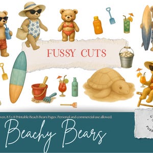 Teddy Bear Beach Vacation Fussy Cut PNGs | Kids Junk Journal Printables, Retro Coastal Bears Clipart, Summer Scrapbook Ephemera