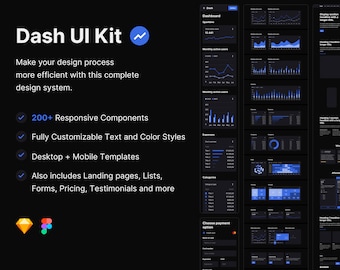 Dash UI キット - ダーク | フル機能のプレミアム インターフェース ビルダー | ウェブサイトとアプリ | Sketch と Figma | デジタル製品 | ブログとダッシュボード