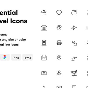 Puede incluir: Un conjunto de 25 iconos de viaje en blanco y negro, que incluyen una sombrilla de playa, un corazón, una cama, un avión, un edificio, un pincel, olas, un coche, una lupa, un calendario, un pin de ubicación, un copo de nieve, una cámara, estrellas, un carrusel, un cochecito, un sobre, una maleta, y más.