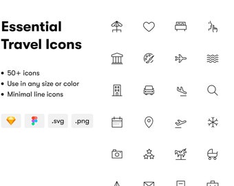 旅行に欠かせないアイコン | 最小限のセット | ユーザー インターフェイス | デジタル製品または Web サイト | Sketch および Figma ライブラリ