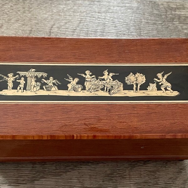 Vintage Reuge Swiss Musical Movement Inlaid Wood Music Jewelry Box Made In Italy Cherub Music Box