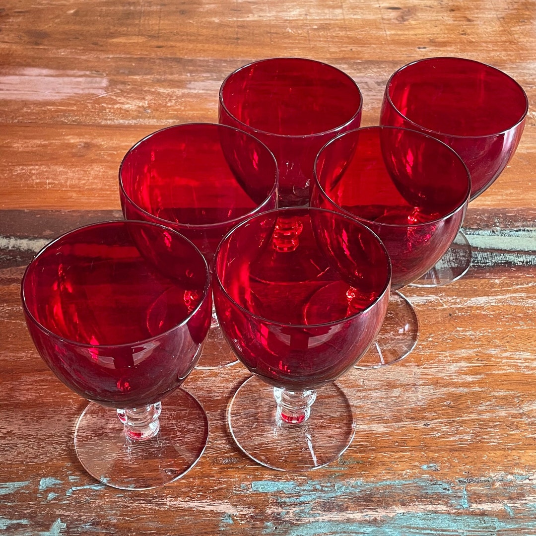Vintage Set of 6 Ruby Red Wine Water Goblets MCM Barware Ruby Red