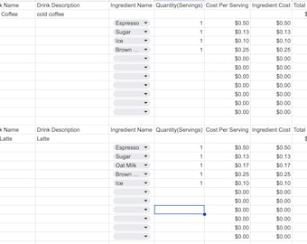 May include: A spreadsheet showing the ingredients and costs for two drinks: Iced Coffee and Oat Latte. The ingredients for Iced Coffee are espresso, sugar, ice, and brown sugar. The ingredients for Oat Latte are espresso, sugar, oat milk, brown sugar, and ice.