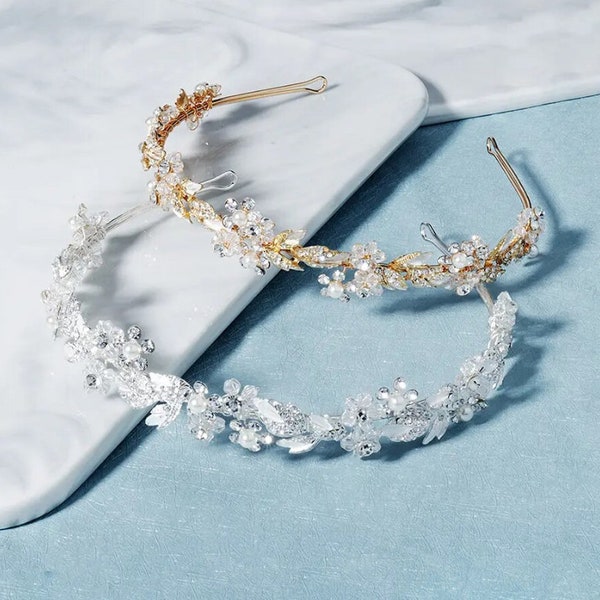 Bandeaux de fleurs en cristal faits à la main pour femmes, accessoires pour cheveux de luxe, couronne en strass, diadèmes en perles