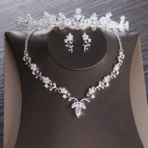 Luxury Cubic Zirconia Jewelry Set Leaves for Bride Wedding Jewelry Rhinestone Headband Tiaras Crown Choker Necklace Earrings party