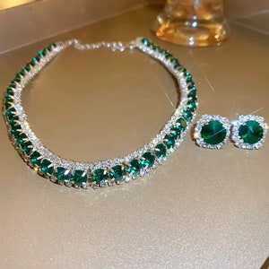 Luxury Zirconia Necklace Earring Set Bridal Jewelry Set Wedding Jewelry Emerald Green Jewelry Bridesmaid Gift