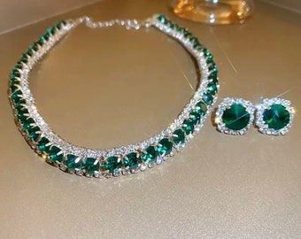 Luxuriöses Zirkonia-Halsketten-Ohrring-Set, Brautschmuck-Set, Hochzeitsschmuck, Smaragdgrüner Schmuck, Brautjungfern-Geschenk