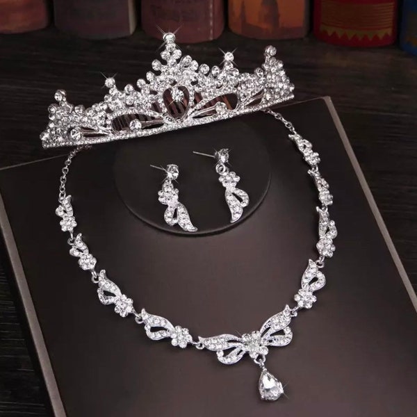 Rhinestone Biżuteria 3 Sztuk Srebrny Kryształ Zestaw Biżuterii Ślubnej Naszyjnik Kolczyk Ozdoba Do Włosów Zestaw Wedding Party