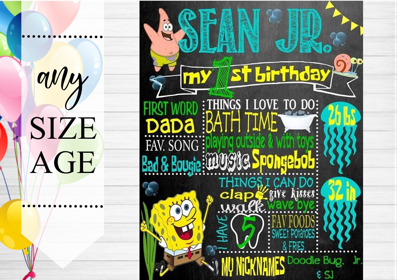 Spongebob Themed Birthday Chalkboard Poster Milestone Poster Etsy