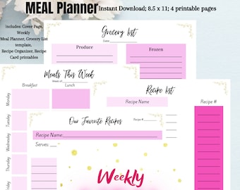Meal Planner Printable, PDF, Weekly Meal Planner, 8.5 x 11 size, Meal Planner Binder PINK