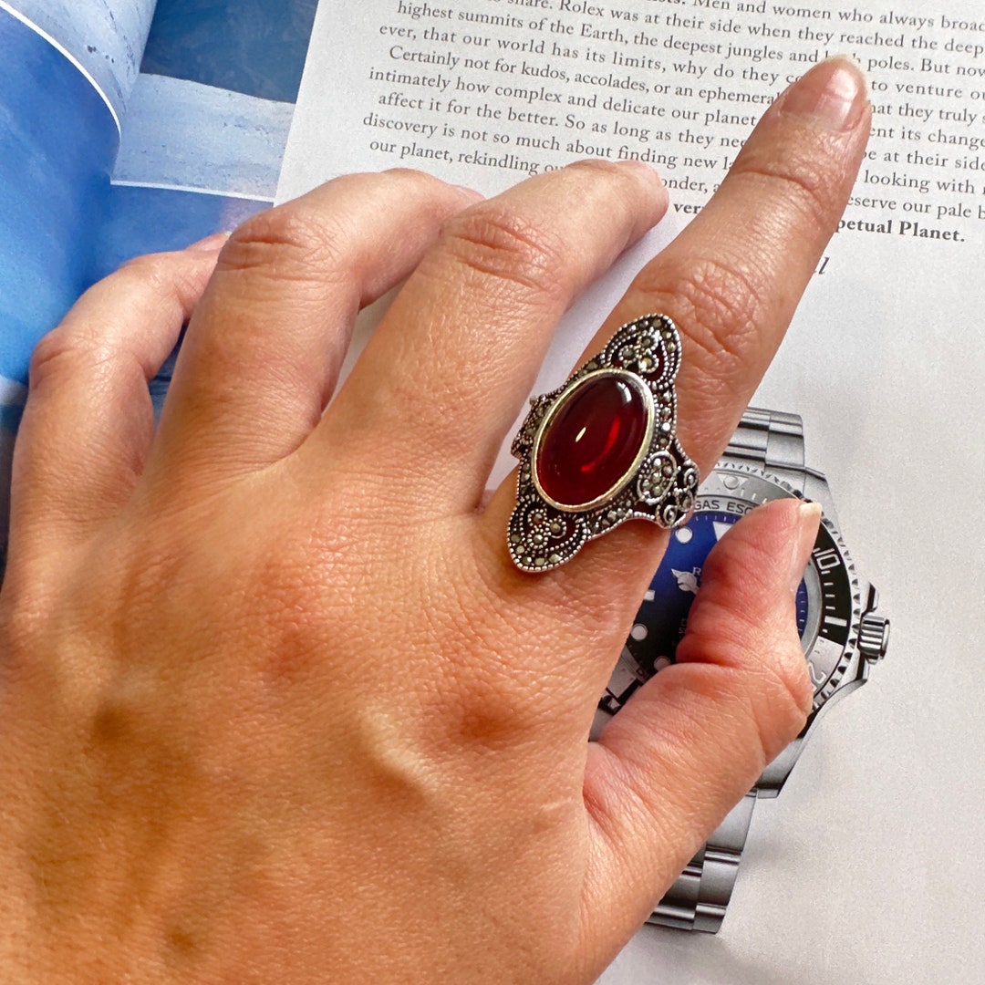 Big Statement Ring, Big Red Stone Ring, Chunky Silver Ring W Red
