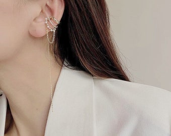 Cuff Earrings with Tassel | Non Piercing Chunky Ear Cuff | Gold Ear Cuff with Pearls | Pearl Ear Cuff | Double Ear Cuff | Thick Ear Cuff