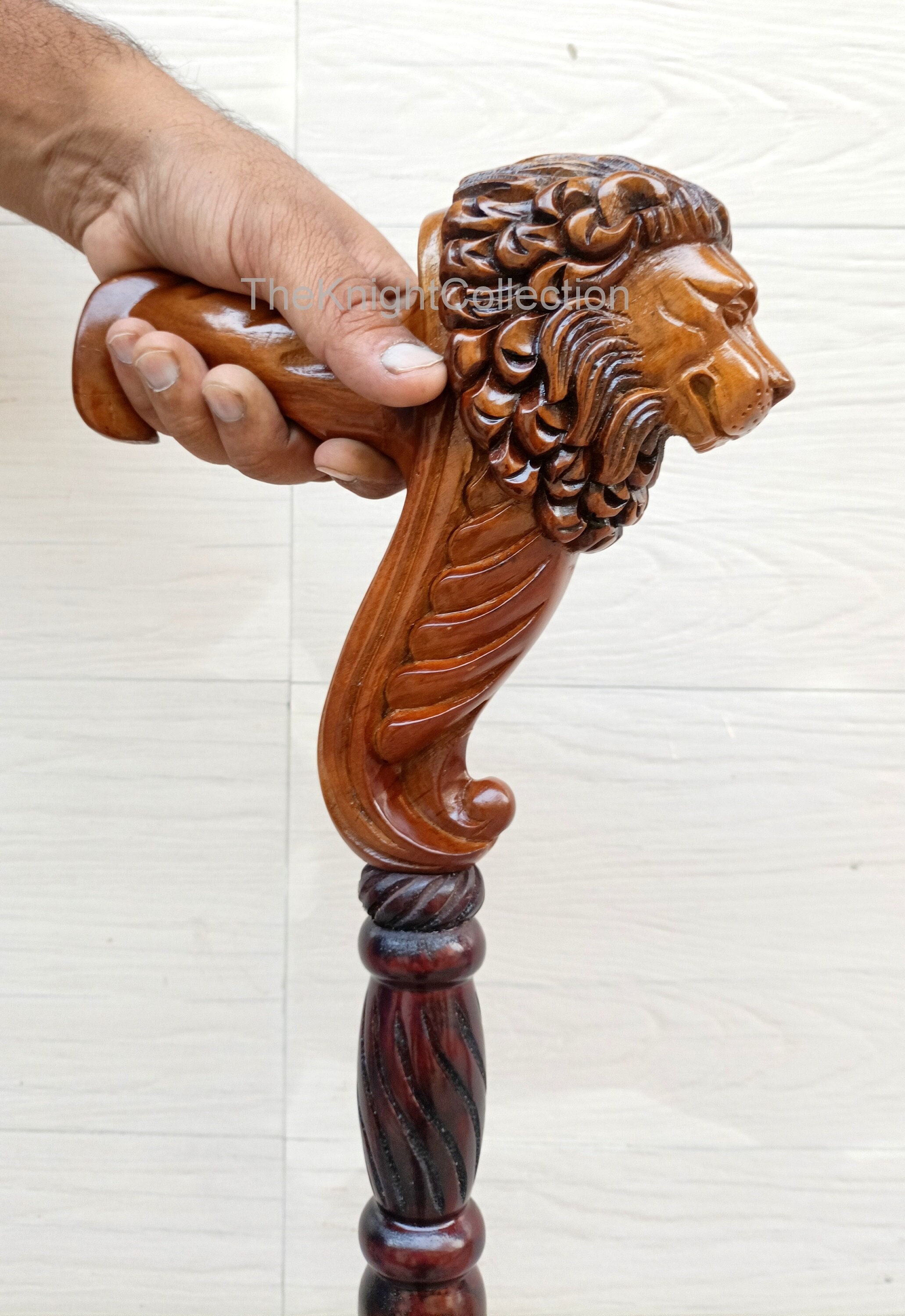 Designer Art Lion Head Cane Wooden Walking Stick Ergonomic Etsy