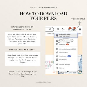 Puede incluir: Una captura de pantalla de una pantalla de computadora que muestra instrucciones sobre c&oacute;mo descargar archivos digitales de Etsy. Las instrucciones son para descargar archivos con una cuenta existente y como invitado. La captura de pantalla tambi&eacute;n muestra un men&uacute; de perfil con opciones para compras y rese&ntilde;as, mensajes, saldo de la tarjeta de regalo, ofertas especiales, tu impacto, registro de Etsy, configuraci&oacute;n de la cuenta y cerrar sesi&oacute;n.