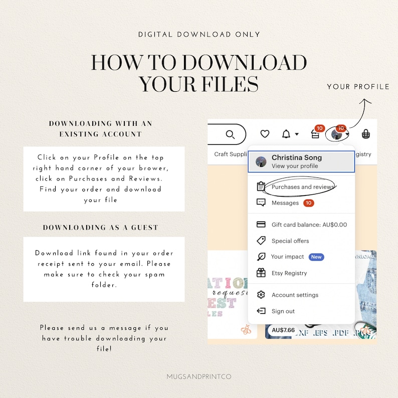 Puede incluir: Una captura de pantalla de una pantalla de computadora que muestra instrucciones sobre c&oacute;mo descargar archivos digitales de Etsy. Las instrucciones son para descargar archivos con una cuenta existente y como invitado. La captura de pantalla tambi&eacute;n muestra un men&uacute; de perfil con opciones para compras y rese&ntilde;as, mensajes, saldo de la tarjeta de regalo, ofertas especiales, tu impacto, registro de Etsy, configuraci&oacute;n de la cuenta y cerrar sesi&oacute;n.