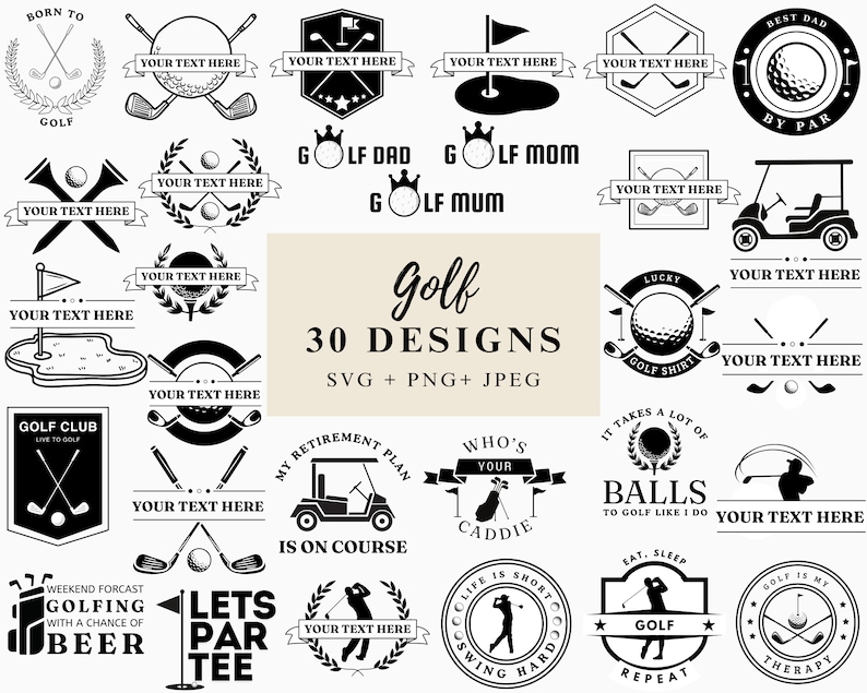 Puede incluir: Un conjunto de 30 dise&ntilde;os de golf en blanco y negro en formato SVG, PNG y JPEG. Los dise&ntilde;os presentan diversas im&aacute;genes relacionadas con el golf, incluyendo pelotas de golf, palos de golf, carritos de golf y golfistas. El texto "Golf 30 Designs SVG + PNG + JPEG" se muestra en el centro de la imagen.