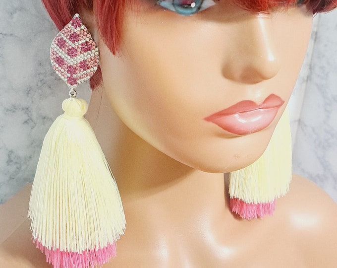 Pink and Yellow Tassel Earrings,  Soft Luxury Tassel Earrings, Statement Tassel Earrings, Bold and Unique Statement Earrings