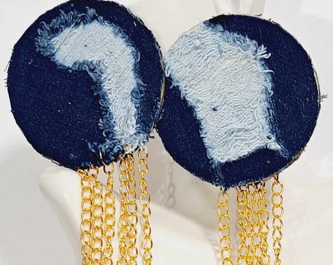 Denim  Tassel Earrings, Denim Earrings, Blue Jean Earrings, Statement earrings