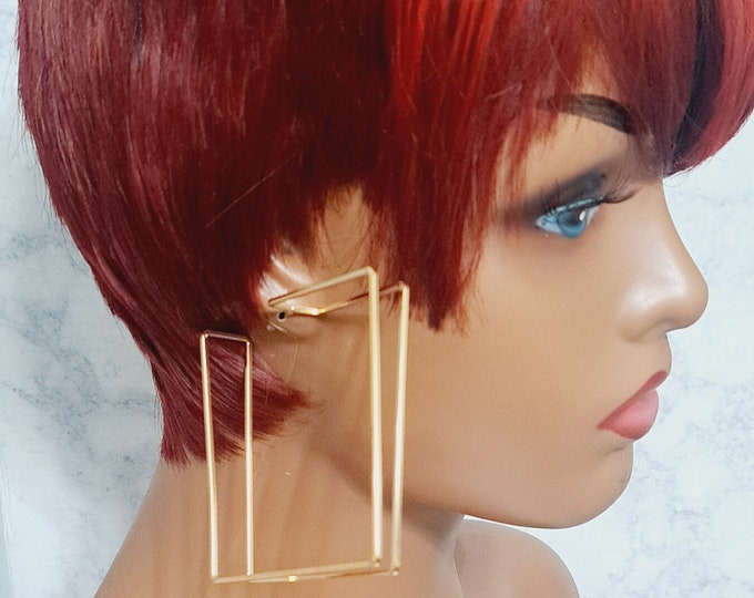 Gold Metal Earrings, Square Hoop Earrings, Golden Metal Hoop Earrings, Women Brass Earrings