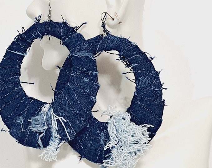 Denim  Tassel Earrings, Denim Earrings, Blue Jean Earrings, Statement earrings