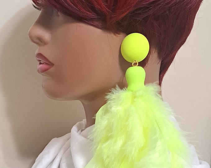 Feather Earrings. Statement Earrings, Yellow Dangling Earrings, Tassel Earrings.