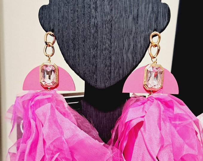 Fabric Tassel Fringe Earrings, Pink fringe and Fabric earrings, hippie earrings, boho earrings, shabby chic earrings