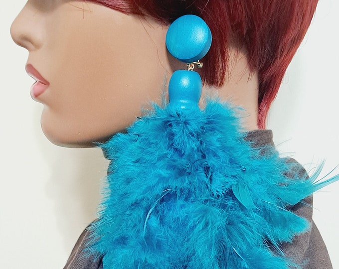 Feather Earrings. Statement Earrings, Teal Earrings, Dangling Earrings, Tassel Earrings.