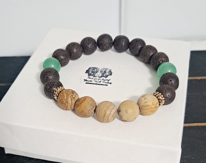 Men Jasper, Chocolate Brown Lava & Green Adventure Beaded Bracelet, Men Bracelets, Men beaded bracelet