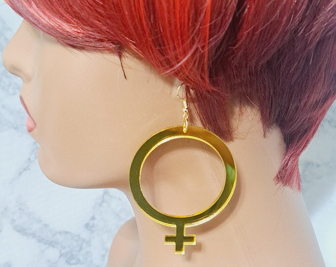 Round Acrylic Cross Geometric Drop Mirrored Earrings, Bold Statement Earrings, Gold Statement Earrings