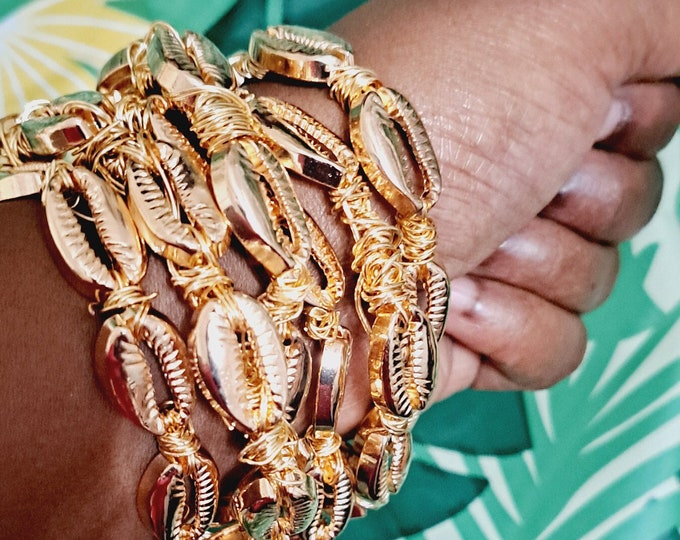 African Gold Plated Cowrie Shell Bangle, Statement Jewelry, Gold Cowrie Bracelet, Cowrie Bangle, Afrocentric Jewelry