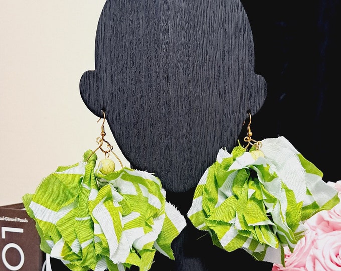 Fabric Tassel Fringe Earrings, Lime Green and White Leaf fringe and Fabric earrings, hippie earrings, boho earrings, shabby chic earrings
