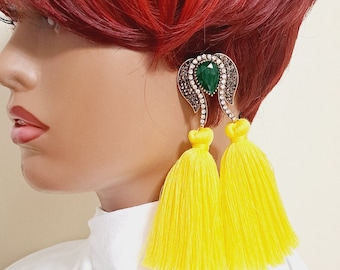Yellow Tassel Earrings,  Soft Luxury Tassel Earrings, Statement Tassel Earrings, Bold and Unique Statement Earring, Yellow earrings