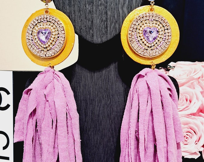 Fabric Tassel Fringe Earrings, Purple lavender fringe tshirt Fabric earrings, hippie earrings, boho earrings, shabby chic earrings
