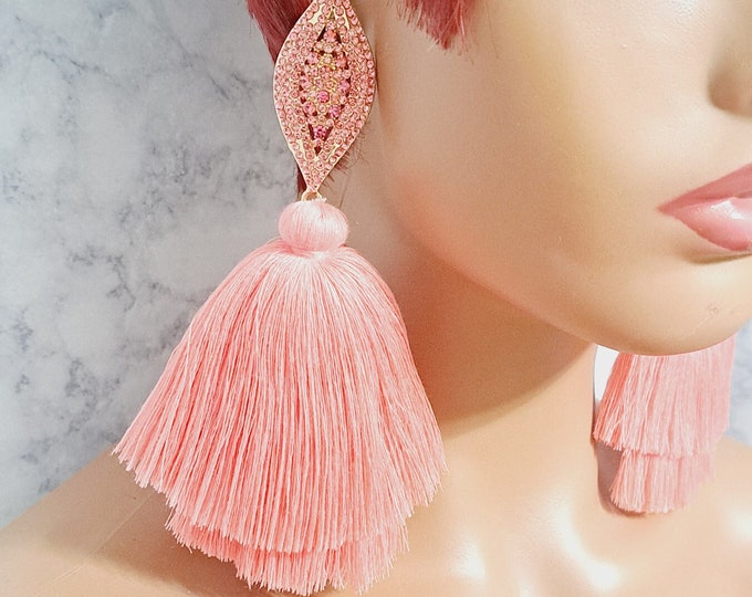 Coral Pink Tassel Earrings,  Soft Luxury Tassel Earrings, Statement Tassel Earrings, Bold and Unique Statement Earrings