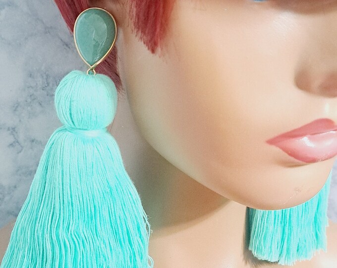 Mint Green Tassel Earrings,  Soft Luxury Tassel Earrings, Statement Tassel Earrings, Bold and Unique Statement Earrings