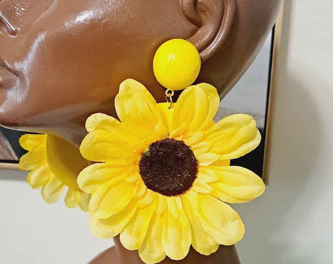 Sunflower Earrings, Yellow Wood Earrings, Yellow Floral earrings, Very Light Weight Pierced Ears Only.
