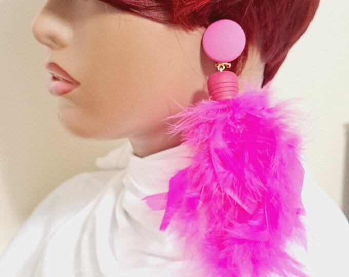 Pink Feather Earrings. Statement Earrings, pink Dangling Earrings, Tassel Earrings.