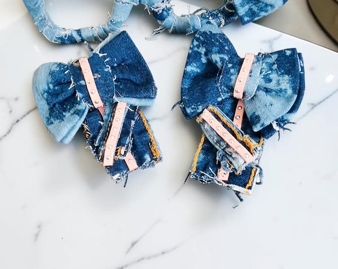 Upcycled Denim Rimless Bow Glasses and Denim Bow Earrings: Distressed Denim Jewelry