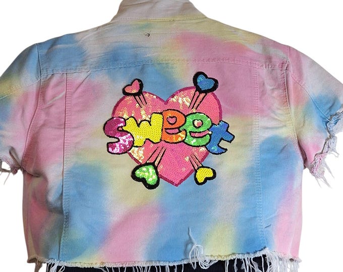 Denim multicolored tye dye  Upcycled Crop Jacket - Upcycled crop short sleeve jacket