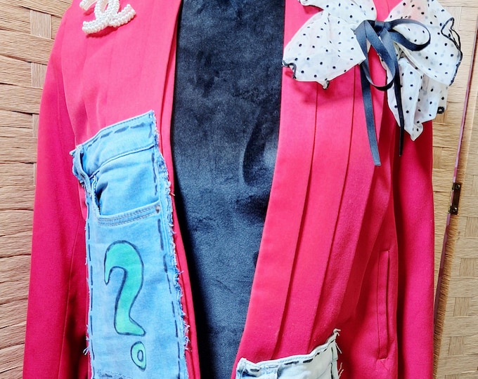 Upcycled Polkadot and Denim Patchwork Blazer - denim mixed Upcycled Vintage blazer