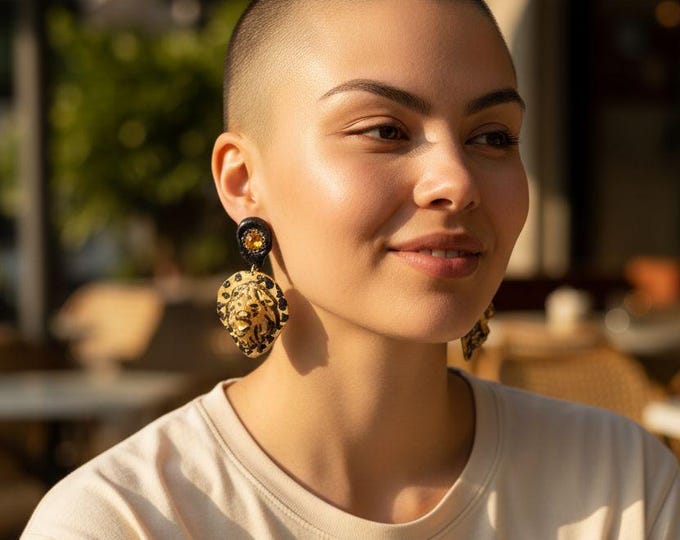 Leopard Print Polymer Clay Statement Earrings - 3-4 inch Lioness dangle earrings