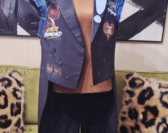 Chris Brown and Usher Raymond Upcycled tuxedo blazer, denim upcycled blazer, concert apparel.