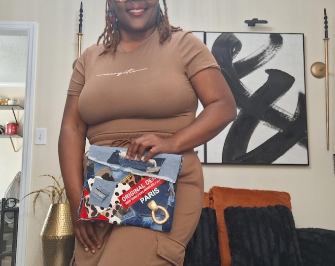 Handmade Upcycled Denim Clutch Bag with Earrings