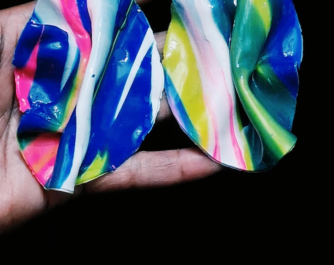 Oversized Abstract Blue Mixed Polymer Clay Resin Coated Earrings, Polymer Clay Earrings, Clay Earrings, Statement Earrings, Bold Earrings
