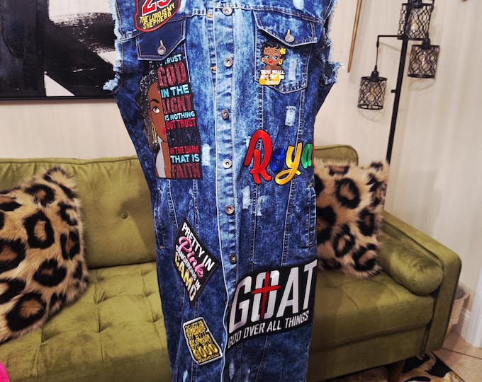 Denim Upcycled Distressed Patchwork Jacket Dresss, denim upcycled button shirt dress