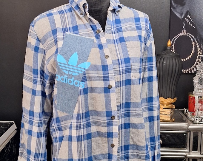 Upcycled Plaid and denim Shirt: Patchwork plaid Flannel shirt