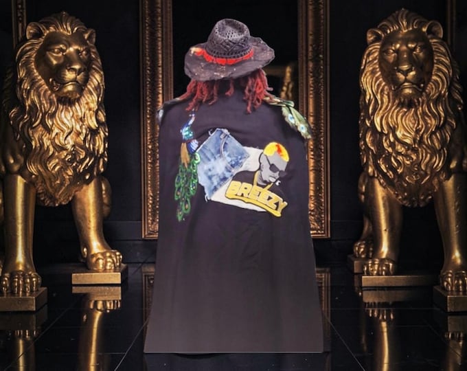 Upcycled Oversized Black Cape: Ostrich Feather Earrings Set, Statement Blazer